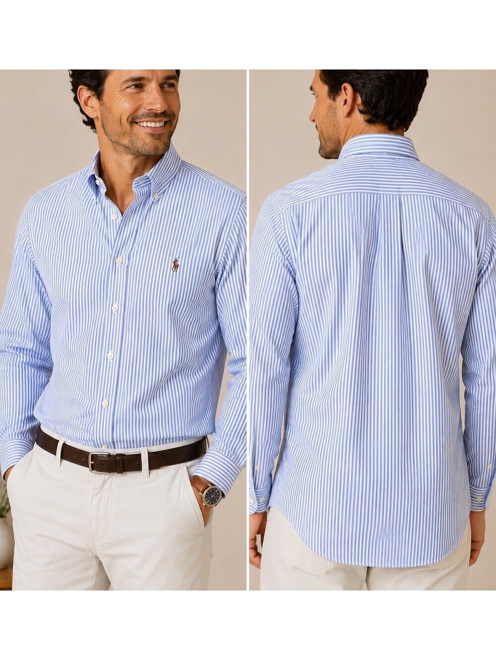 Ralph Lauren Men’s Blue White Striped Button Down Shirt L 16.5/35 Cotton Preppy